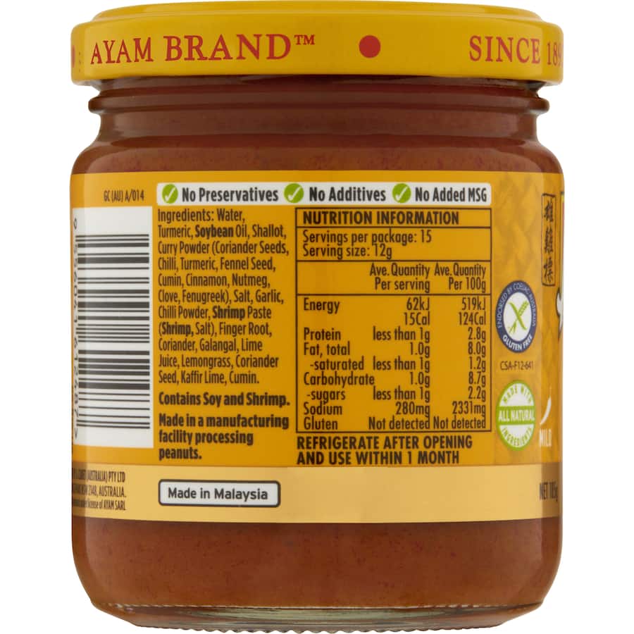 Ayam Curry Paste Thai Yellow Jar 185g