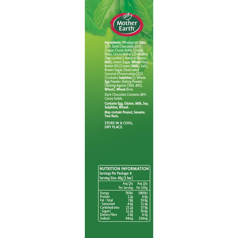 Mother Earth Oaty Slices Oat Bars Chocolate Chip 6pk 240g