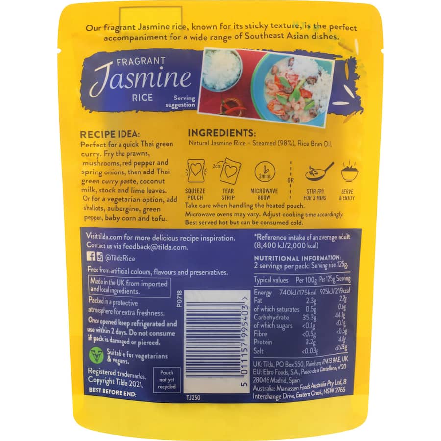 Tilda Steamed Rice Plain Jasmine Pouch 250g