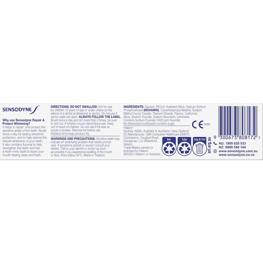 Sensodyne Sensitive Teeth Toothpaste Repair And Protect Whitening 100g