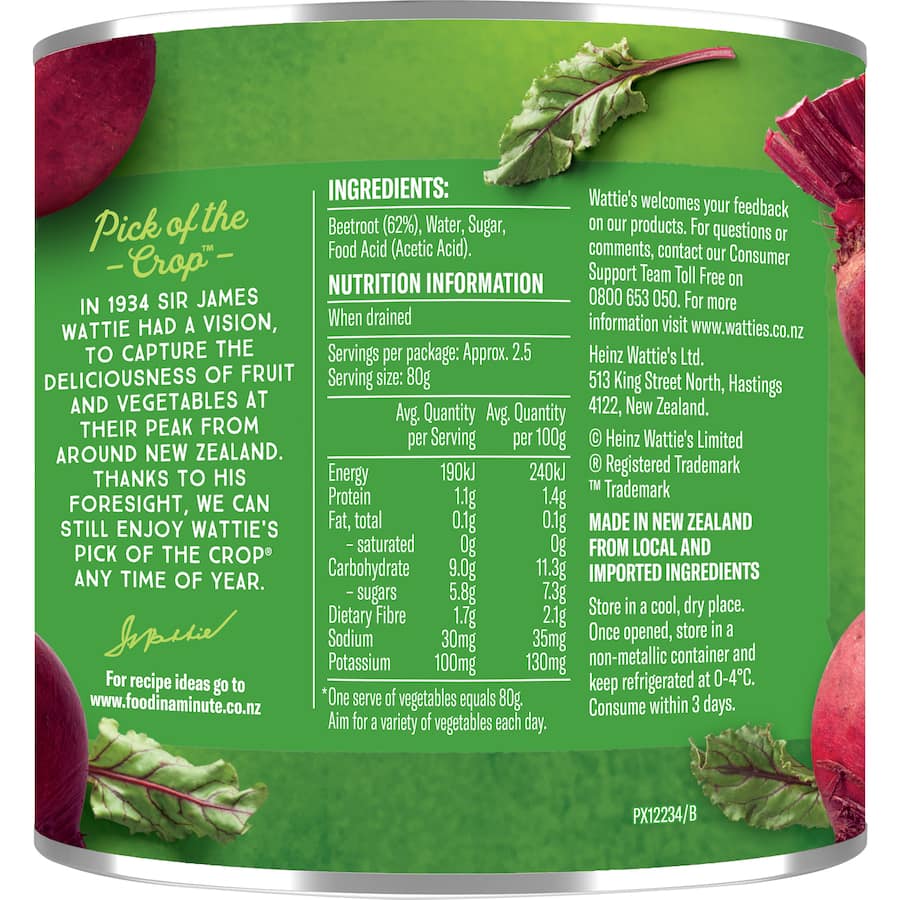 Wattie's Beetroot Sliced With No Added Salt Can 450g