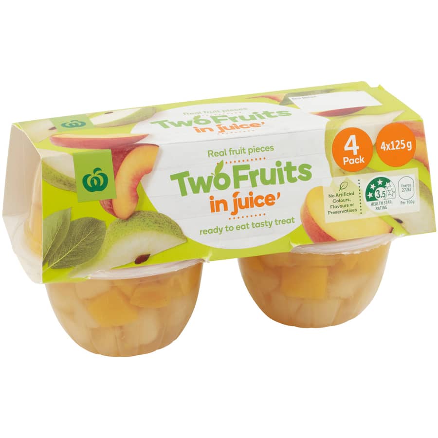 Woolworths Fruit Snack Two Fruits In Juice 125g pottles 4pack