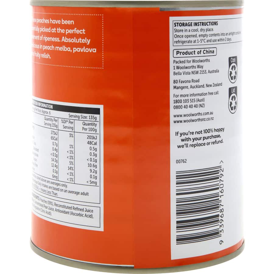 Woolworths Peaches Slices In Juice Can 820g (SMARTFOX)