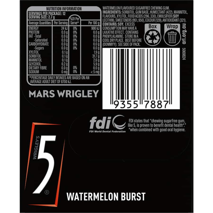 5 Gum Sugar Free Chewing Gum Watermelon 12pack