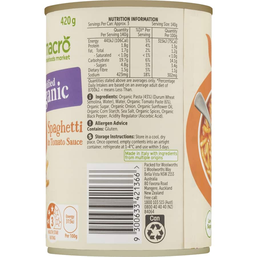 Macro Organic Spaghetti In Tomato Sauce Can 420g
