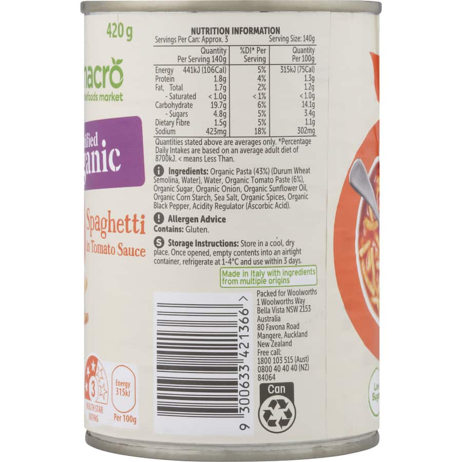 Macro Organic Spaghetti In Tomato Sauce Can 420g