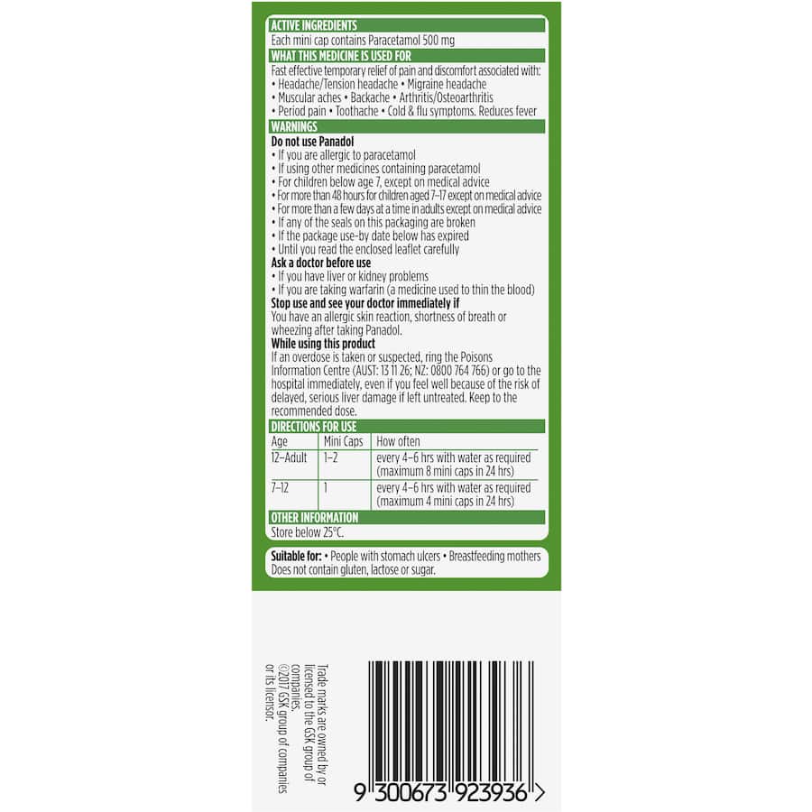 Panadol Mini Caps For Pain Relief Paracetamol 500mg 20pack
