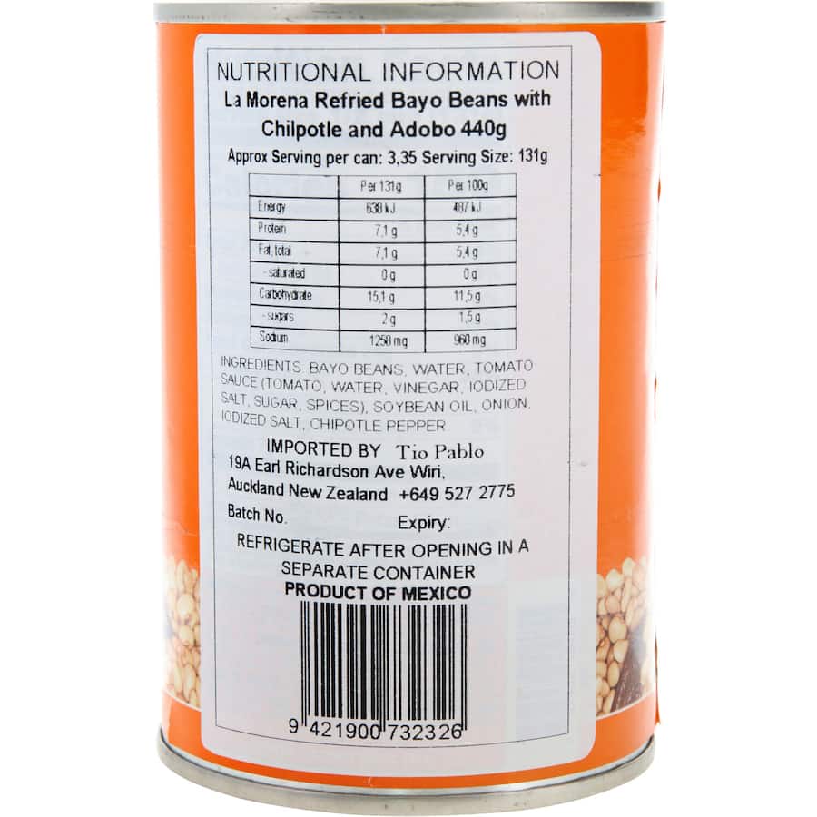 La Morena Refried Bayo Beans Chipotle & Adobo Tin 440g