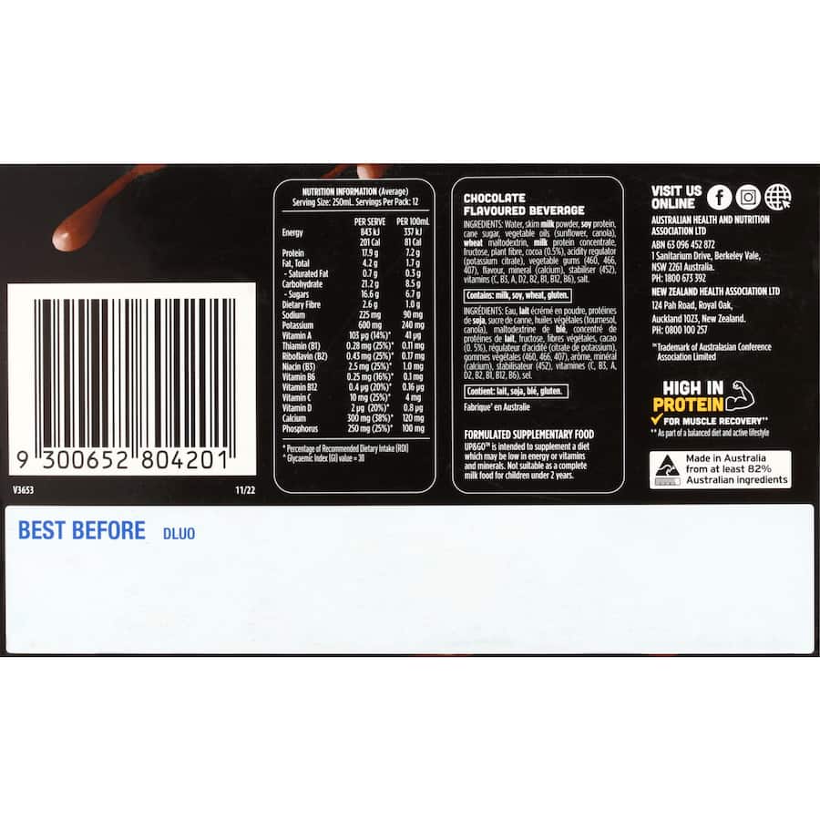 Sanitarium Up & Go Protein Liquid Breakfast Choc Hit Fridge Pack 12pk 250mL