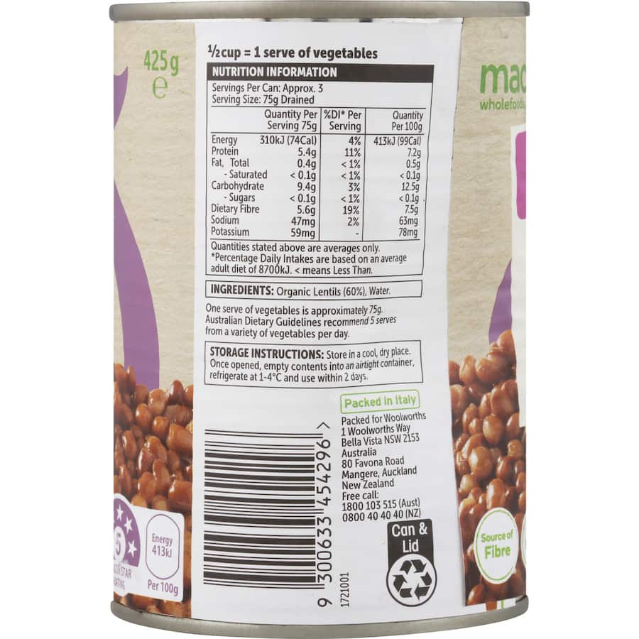Macro Organic Lentils No Added Salt Can 425g