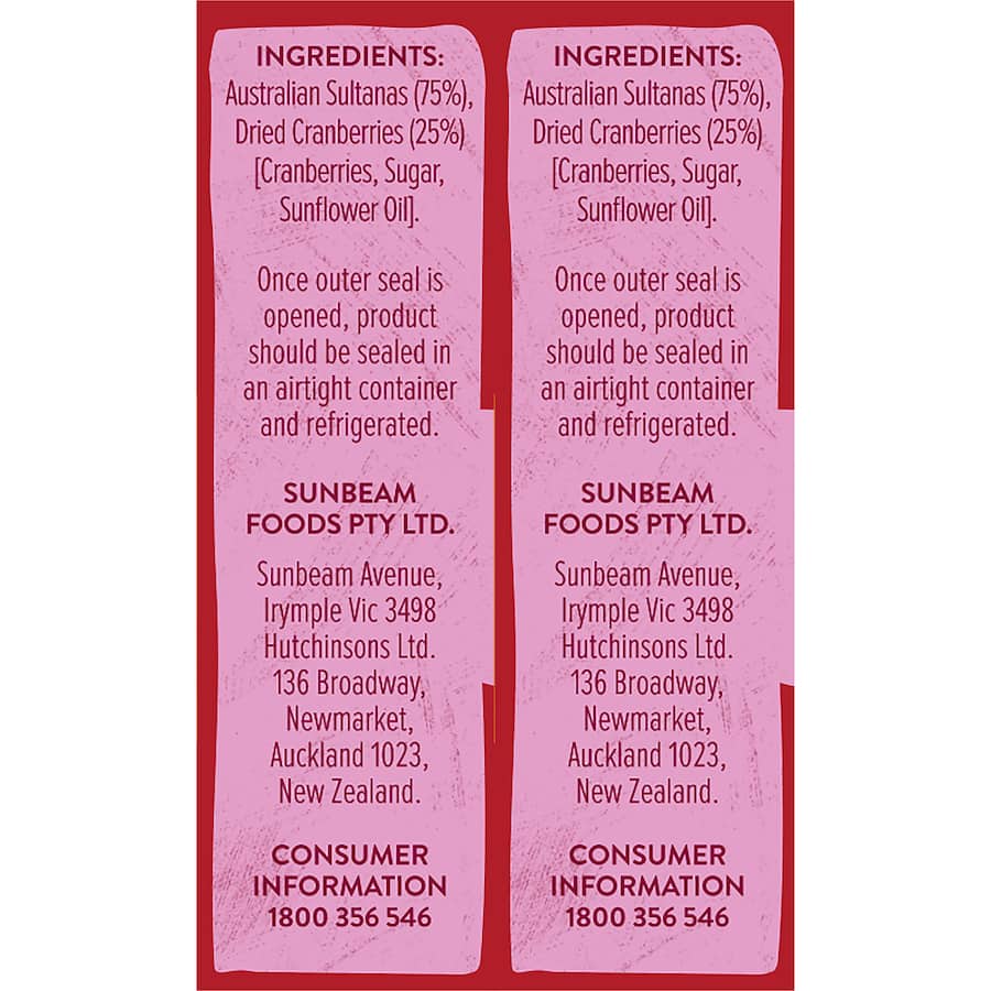 Sunbeam Fruit Snack Sultana & Cranberry 234g 6 x 39g