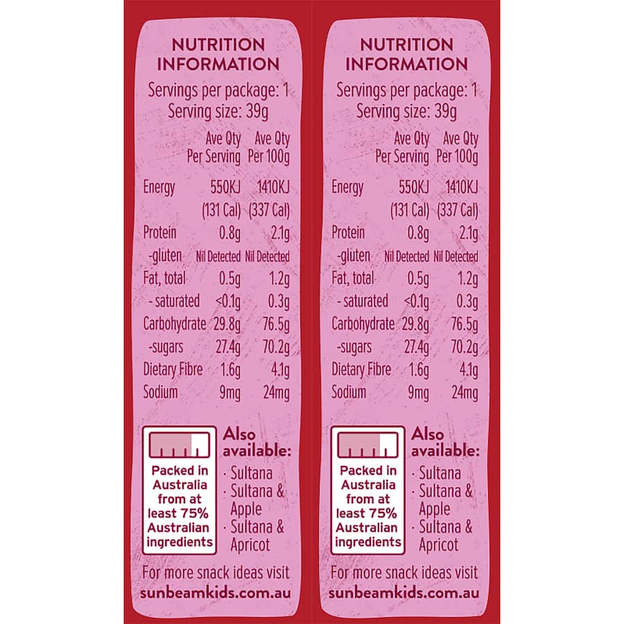 Sunbeam Fruit Snack Sultana & Cranberry 234g 6 x 39g