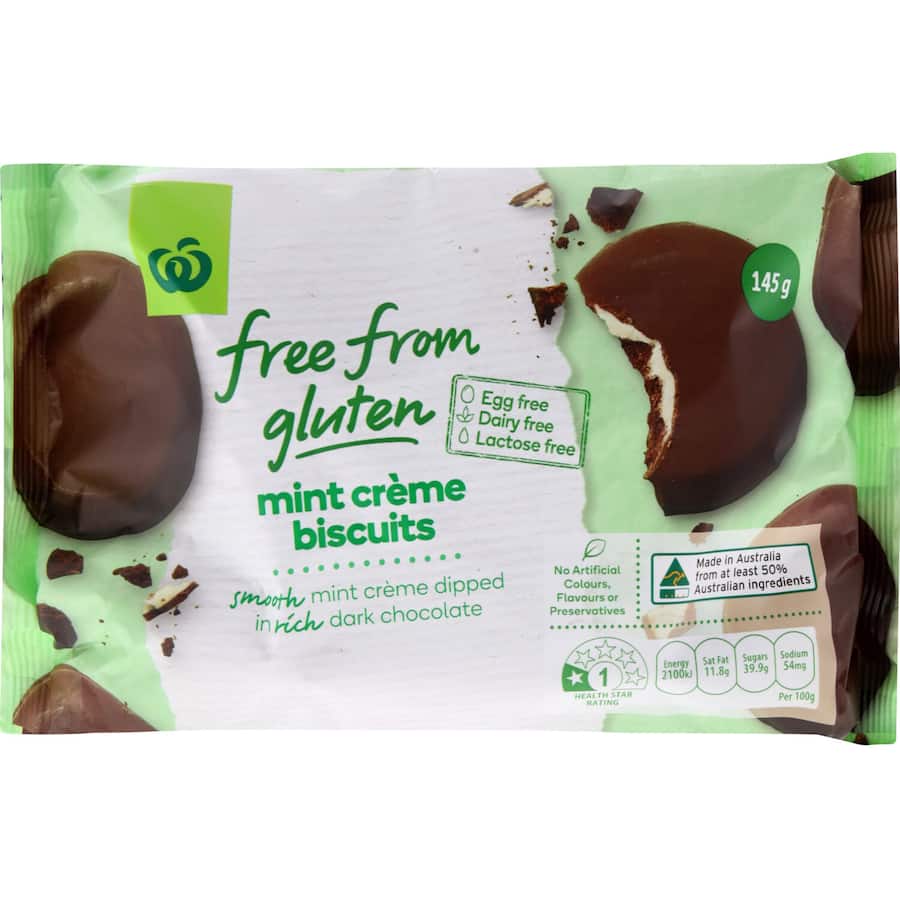 Woolworths Free From Gluten Biscuits Mint Cream 145g
