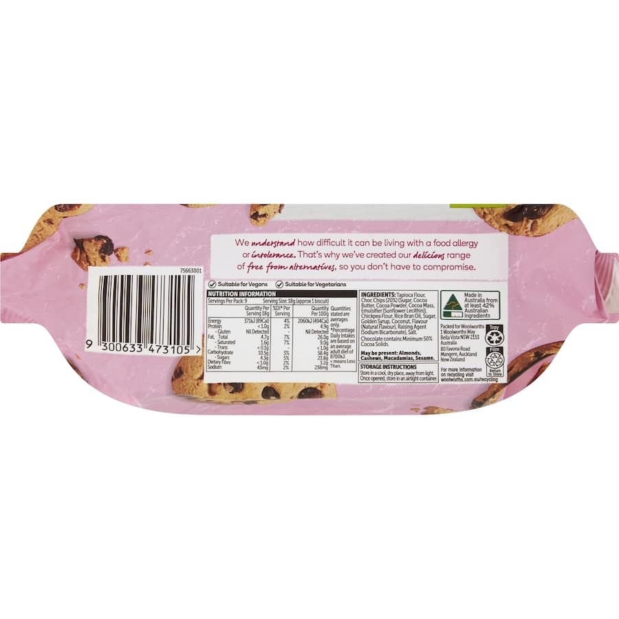 Woolworths Free From Gluten Biscuits Chocolate Chip 160g