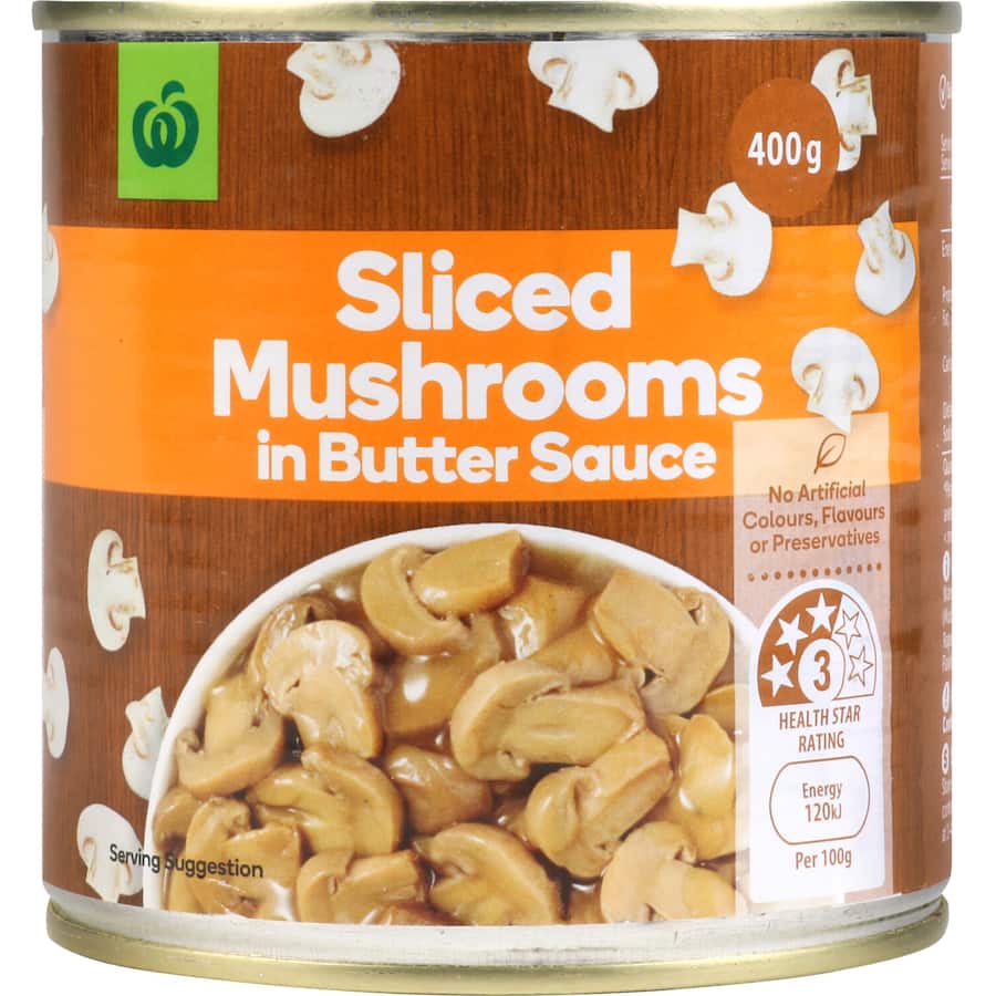 Woolworths Sliced Mushrooms In Butter Sauce Can 400g