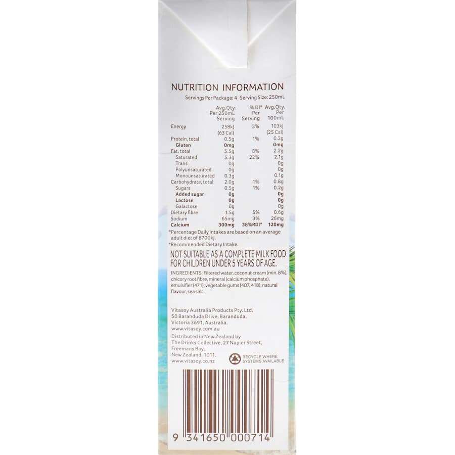 Vitasoy Coconut Milk Unsweetened Carton 1L