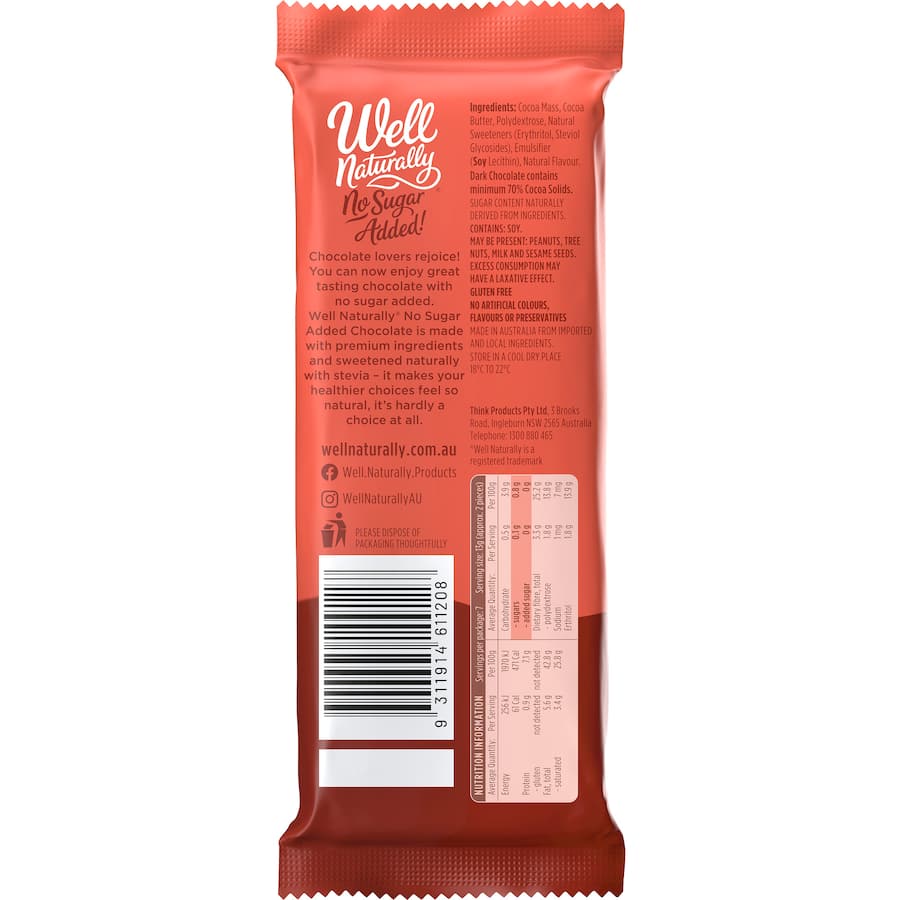 Well Naturally No Sugar Added Snack Bar Dark Chocolate 90g