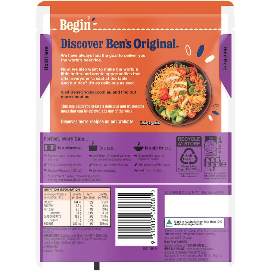 Bens Original Microwave Rice Roasted Garlic Rice Pouch 250g