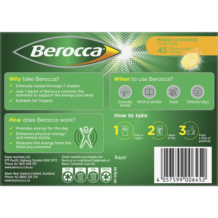 Berocca Performance Effervescent Energy Vitamin C Mango & Orange Pack 45 tabLets