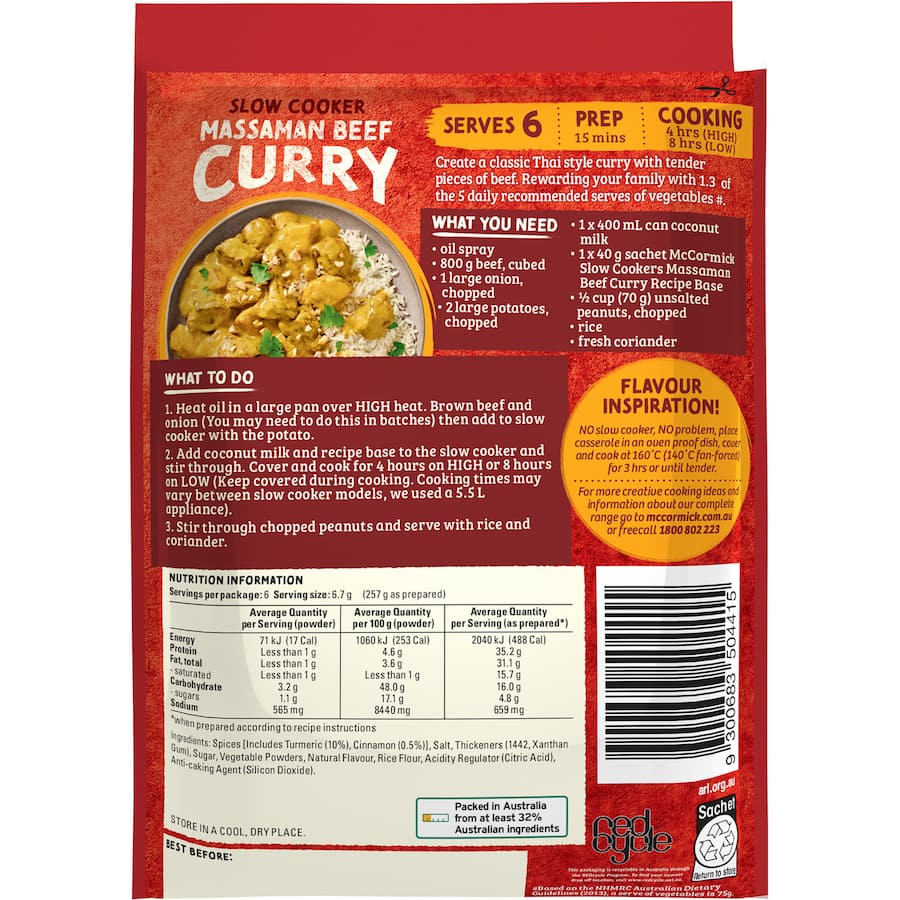 Mccormick Slow Cookers Recipe Base Massaman Coconut Beef Sachet 40g