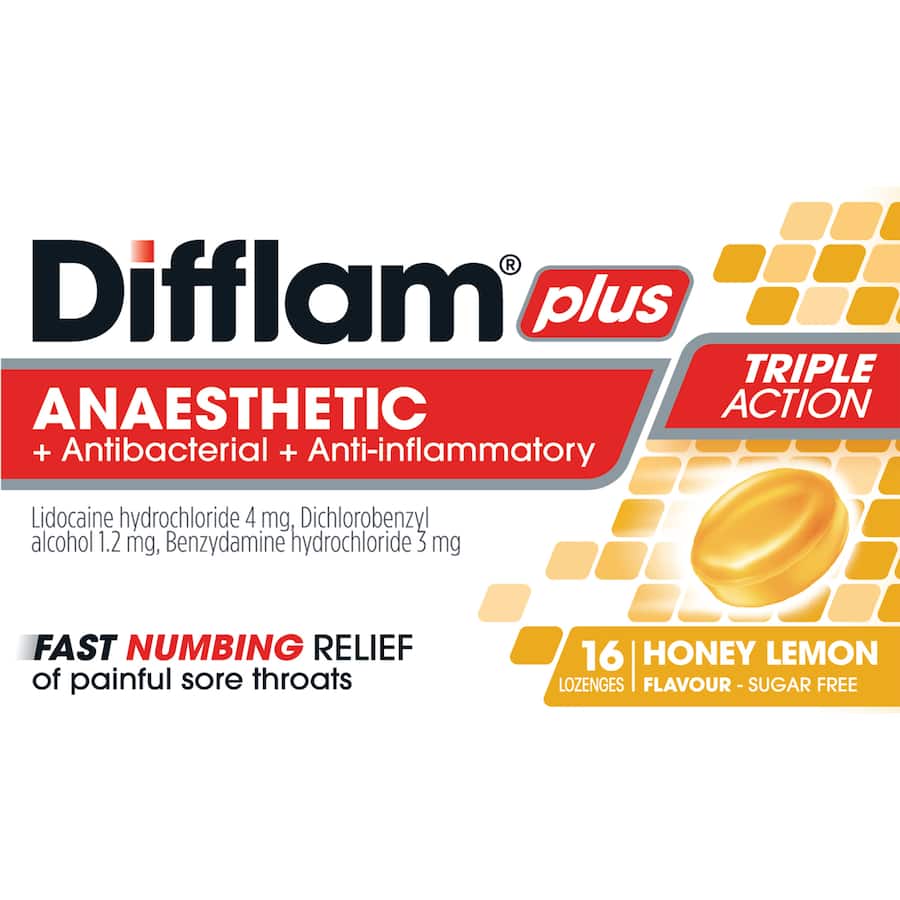Difflam Plus Anaesthetic Sore Throat Honey Lemon Lozenges 16pack