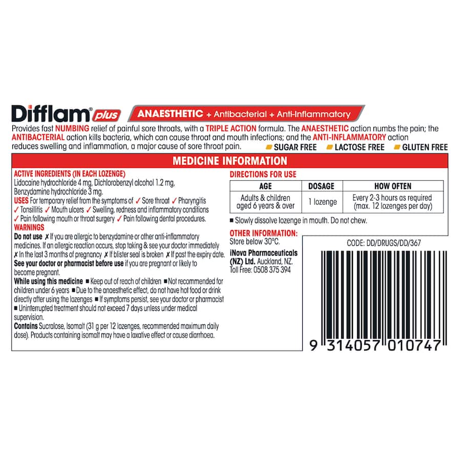 Difflam Plus Anaesthetic Sore Throat Honey Lemon Lozenges 16pack