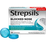 Strepsils Plus Blocked Nose Cough Throat Lozenges Menthol Eucalyptus 36pack