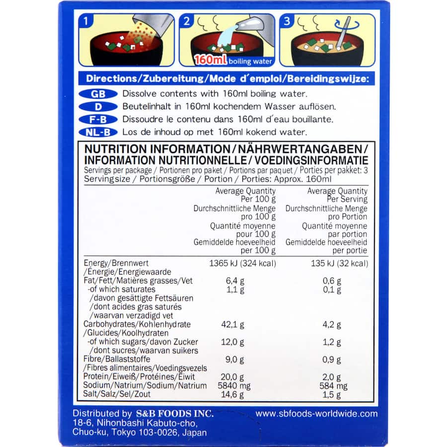 S & B Instant Miso Soup Tofu, Seaweed & Green Onion Box 30g