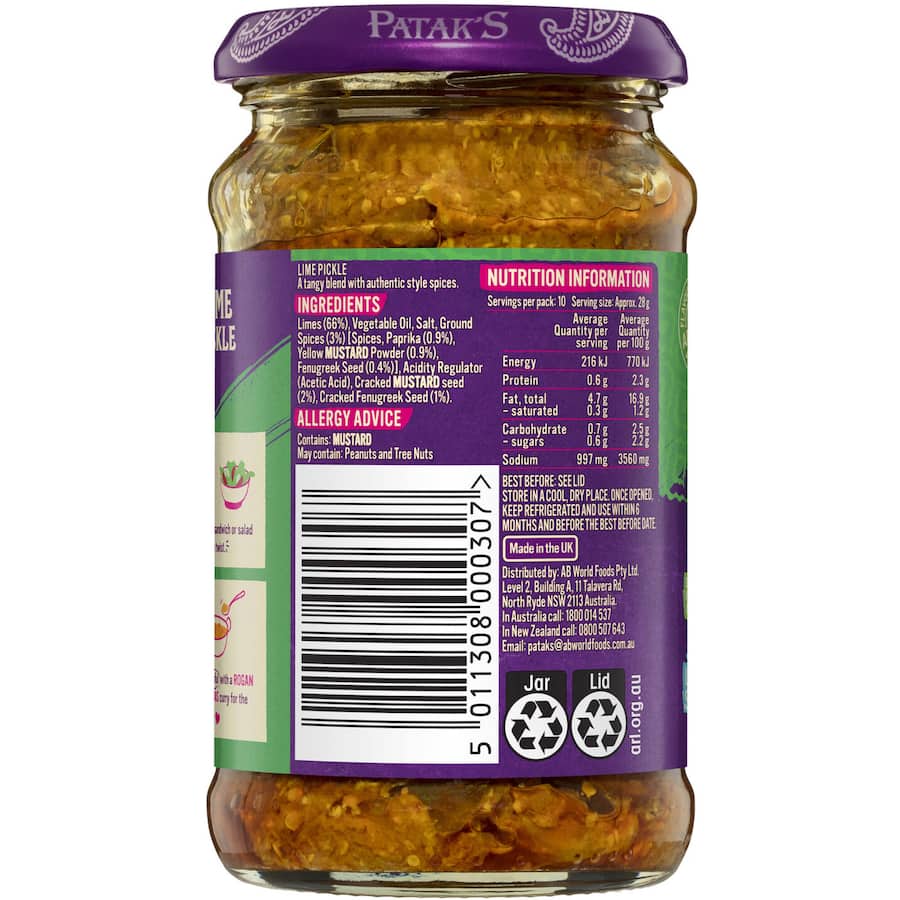 Pataks Pickles Tangy Lime Medium Jar 283g