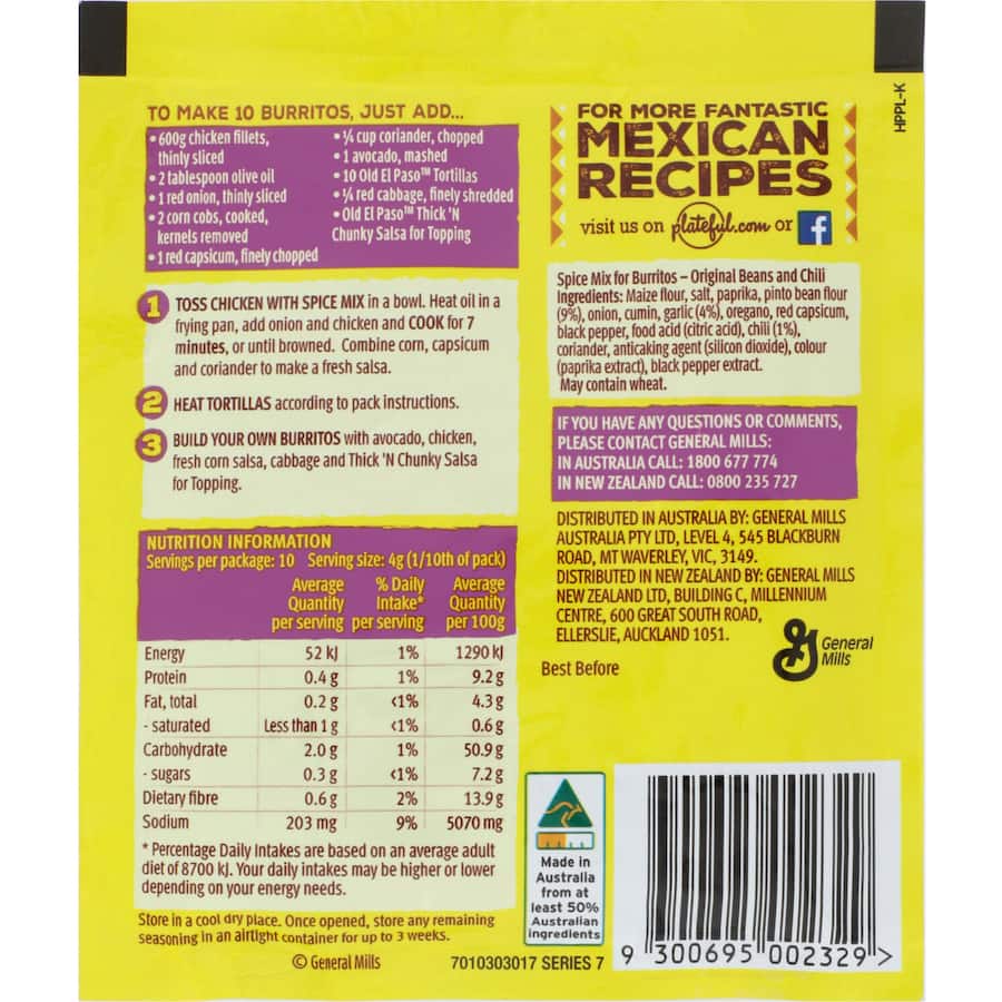 Old El Paso Burrito Seasoning Beans And Chilli Sachet 40g