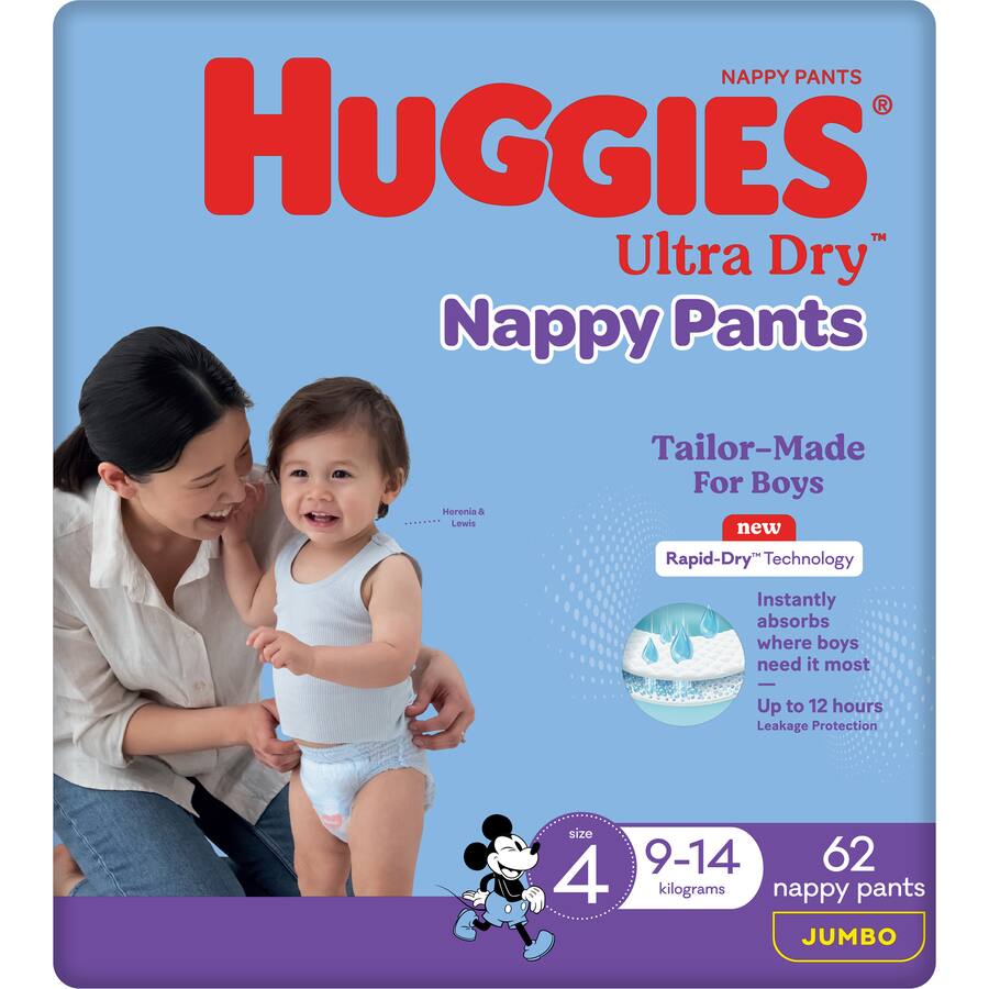 Huggies Ultra Dry Nappy Pants Boys Size 4 (9-14 Kg) Jumbo pack 62pack