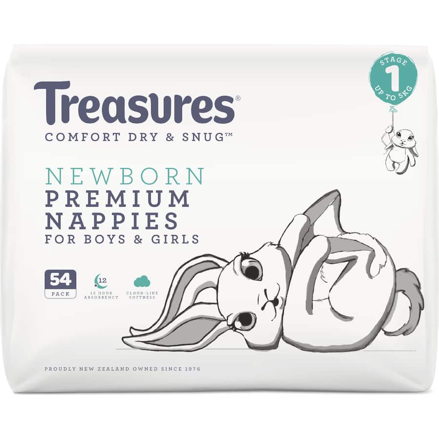 Treasures Dry & Snug Nappies Newborn Up To 5kg Bulk pack 54pack