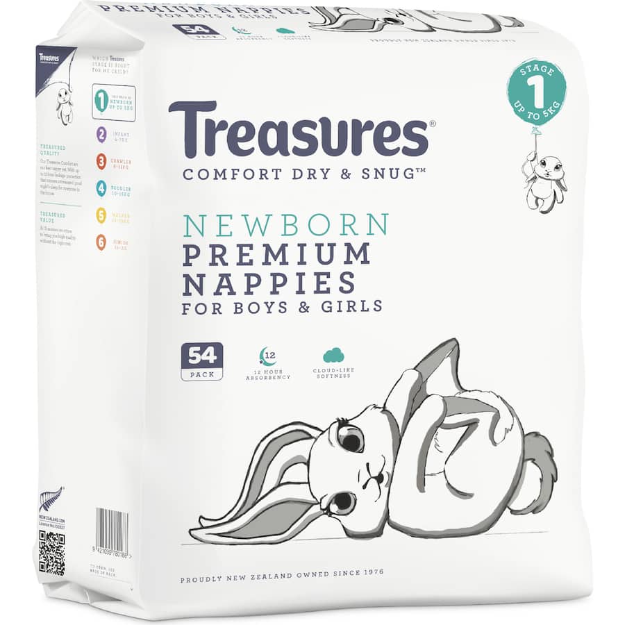 Treasures Dry & Snug Nappies Newborn Up To 5kg Bulk pack 54pack