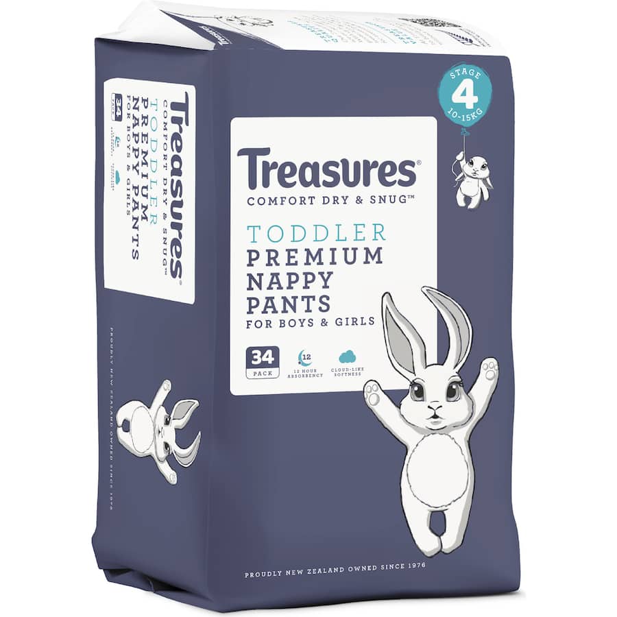 Treasures Dry & Snug Nappy Pants Toddler 10-15kg Bulk pack 34pack
