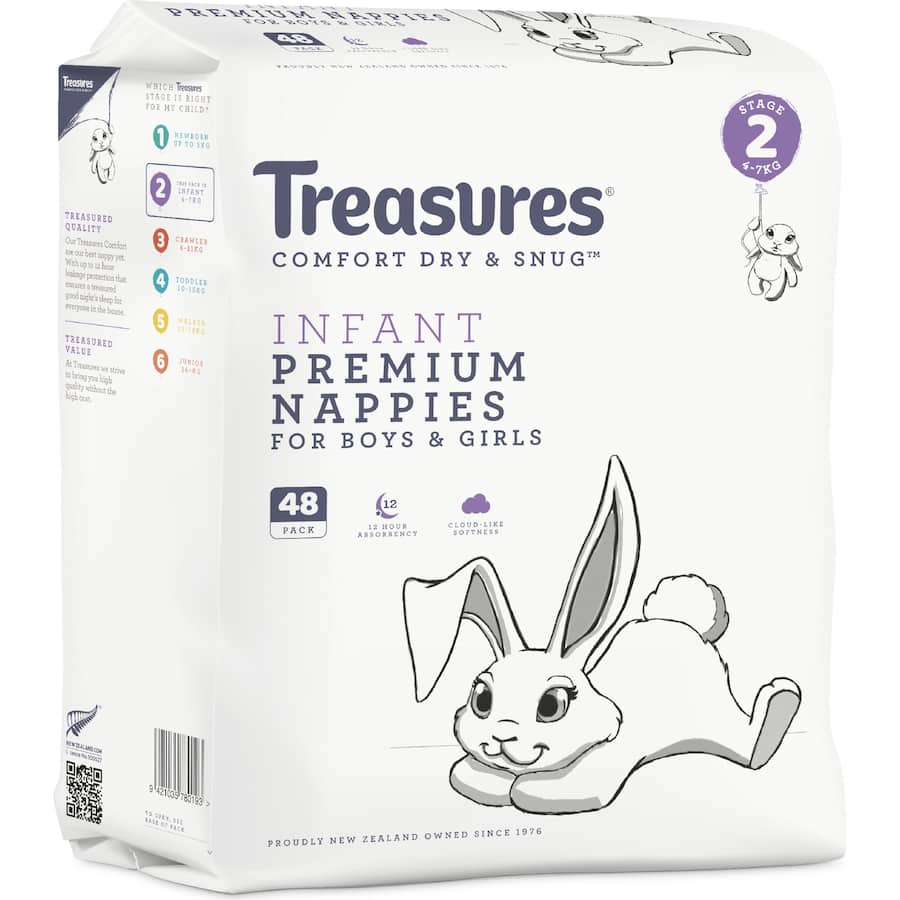 Treasures Dry & Snug Nappies Infant 4-7kg Bulk pack 48pack