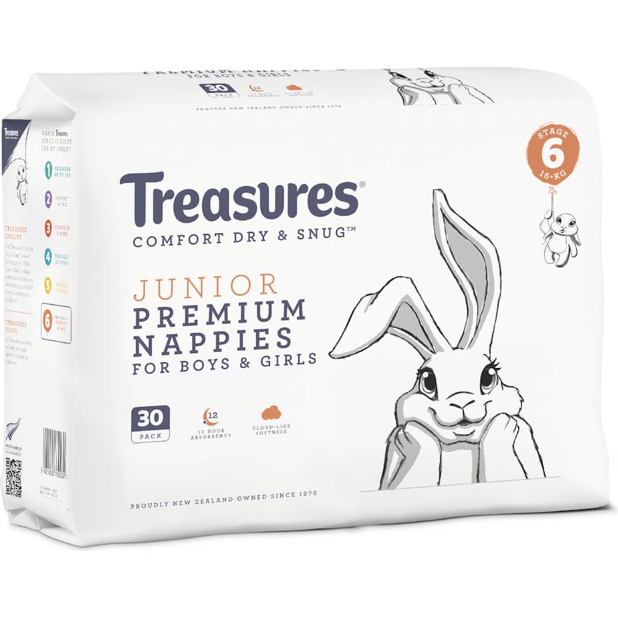 Treasures Dry & Snug Nappies Junior 16kg+ Bulk pack 30pack