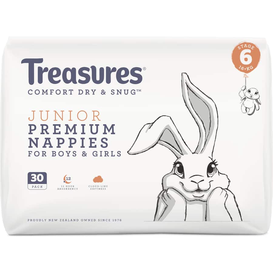 Treasures Dry & Snug Nappies Junior 16kg+ Bulk pack 30pack
