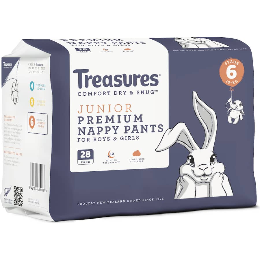Treasures Dry & Snug Nappy Pants Junior 16kg+ Bulk pack 28pack