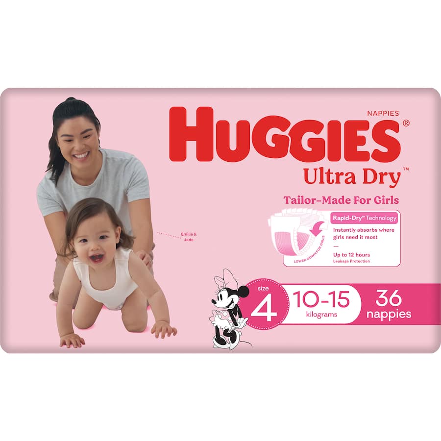 Huggies Ultra Dry Nappies Girls Size 4 (10-15kg) Bulk pack 36pack