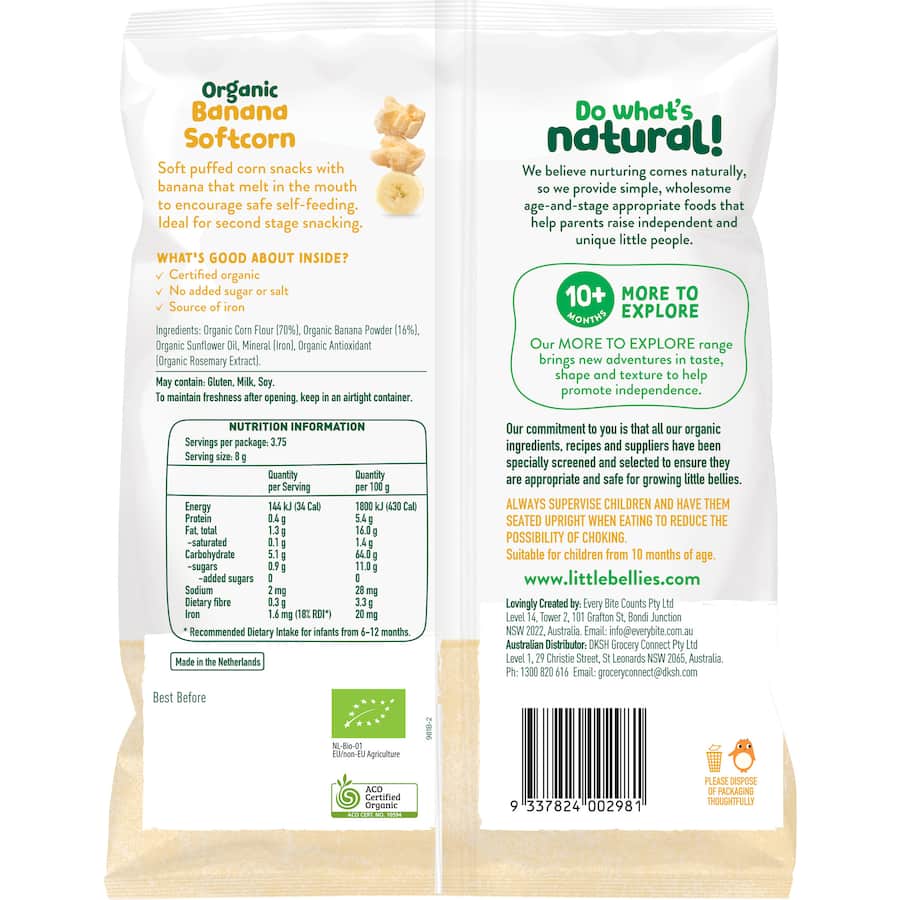 Baby Bellies Organic Baby Snacks Banana Softcorn 10+ Months 30g