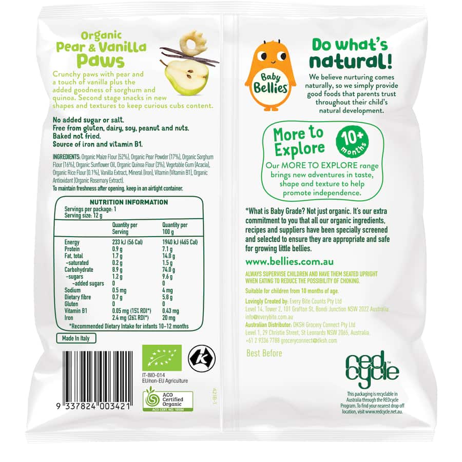 Baby Bellies Organic Baby Snacks Pear & Vanilla Paws 10+ Months 12g
