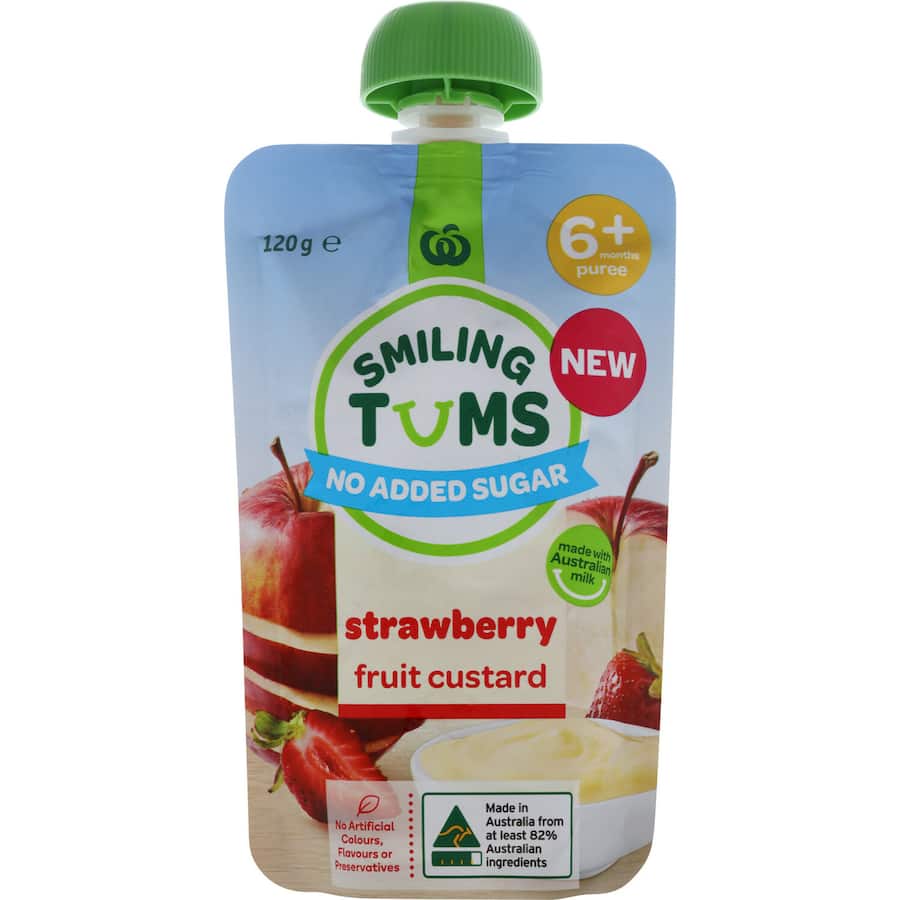Woolworths Smiling Tums Baby Food Apple & Strawberry Custard 6 months + 120g