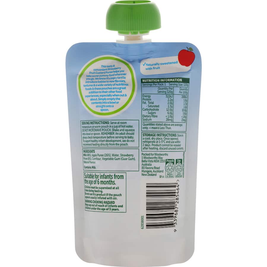 Woolworths Smiling Tums Baby Food Apple & Strawberry Custard 6 months + 120g