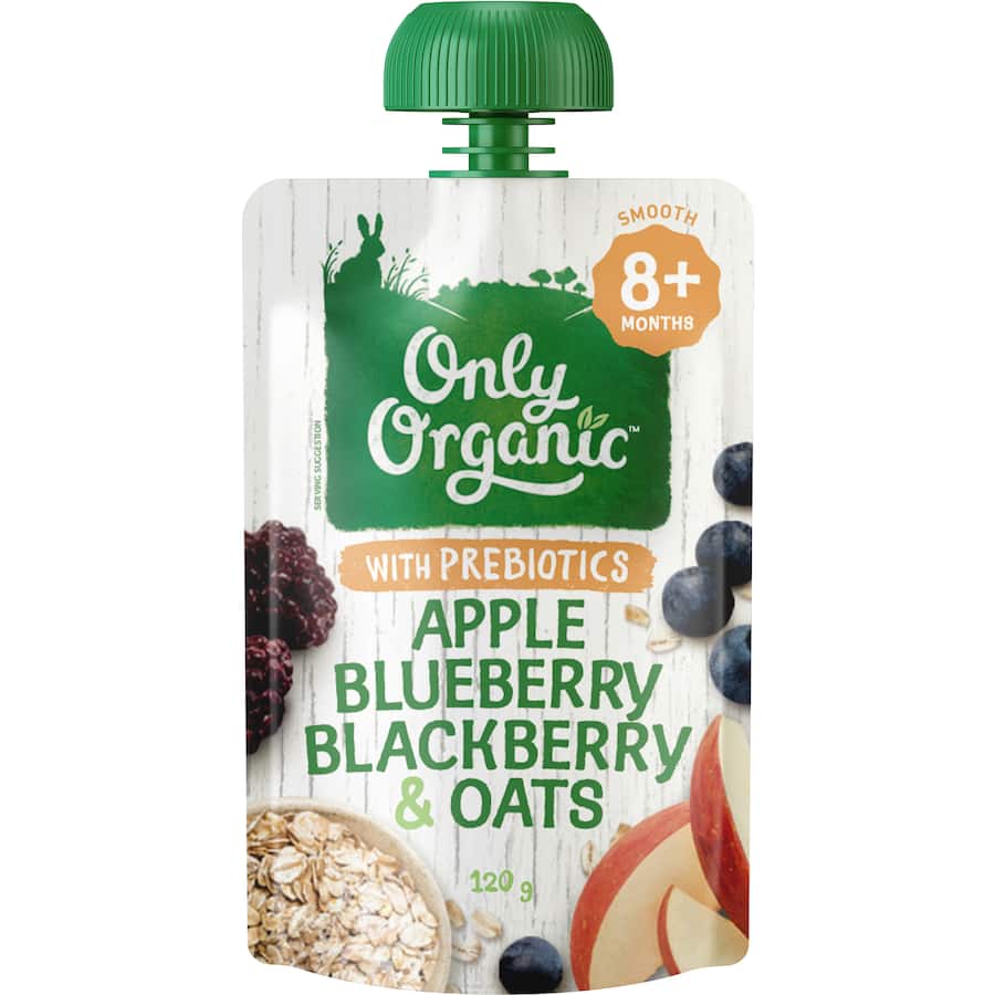 Only Organic Baby Food 8+ Months Apple Blueberry Blackberry Oat Pouch 120g