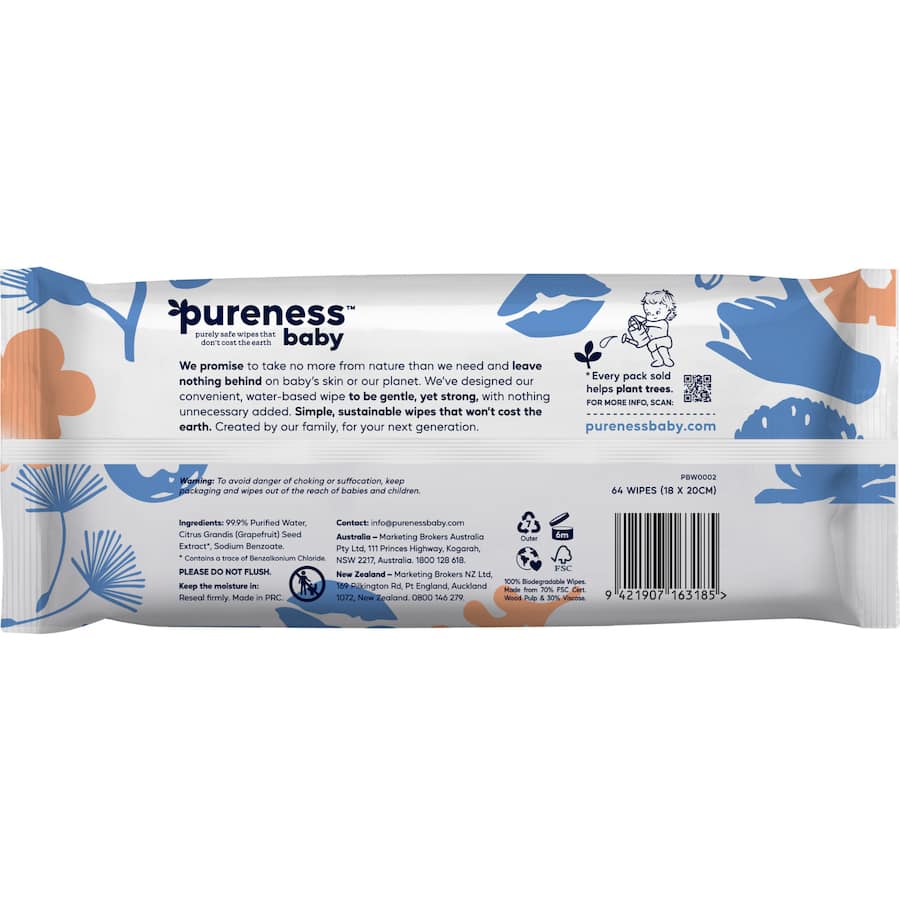 Pureness Baby Wipes 99.9% Water Wipes 64pack