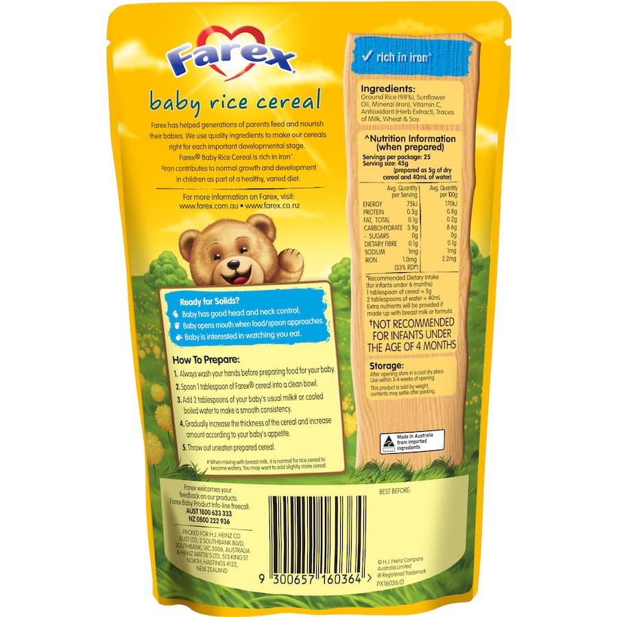 Farex Baby Food Baby Rice Cereal 4+ Months 125g