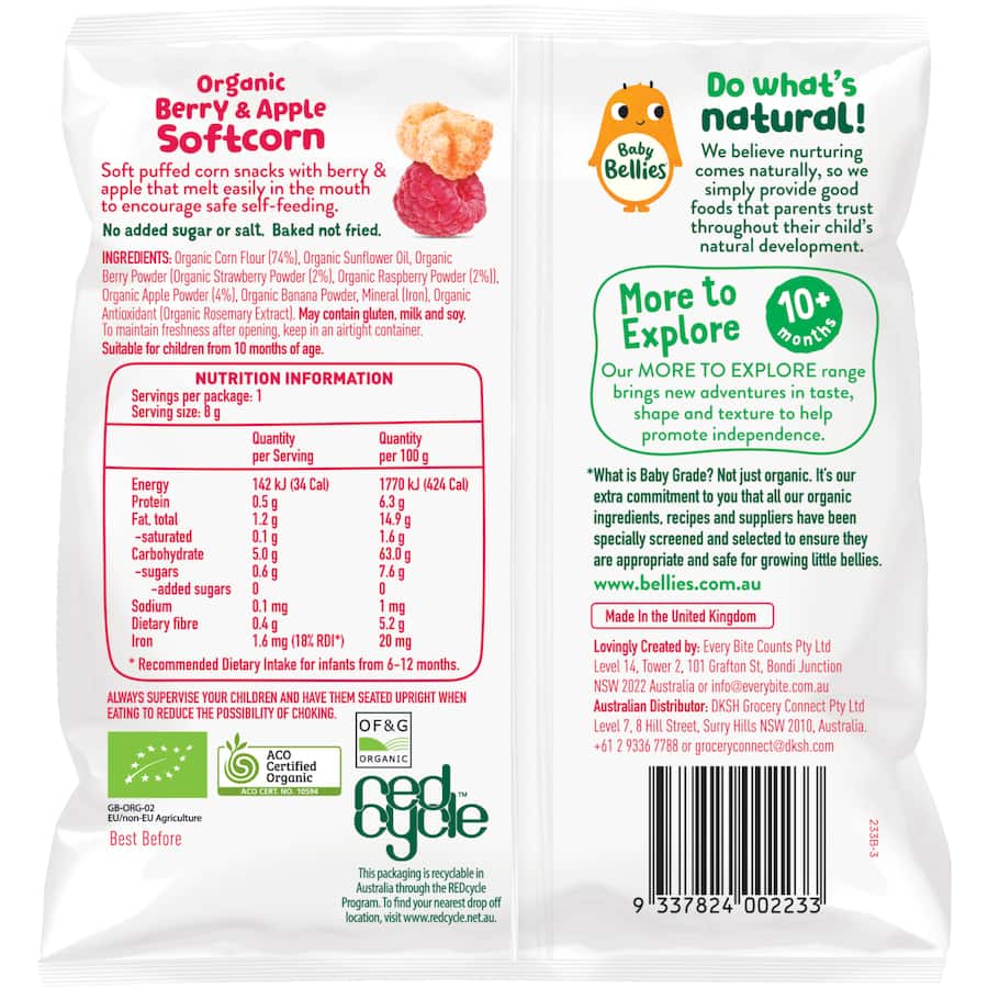 Baby Bellies Organic Baby Snacks Berry & Apple Softcorn 8g