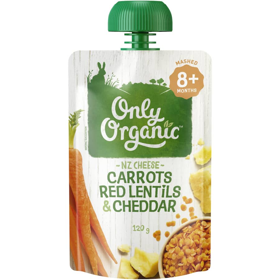 Only Organic Stage 3 Baby Food Carrots, Red Lentils, Cheddar Squeeze pouch 120g