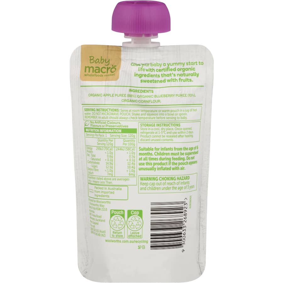 Macro Organic Baby Food 6+ Months Apple & Blueberry Pouch 120g
