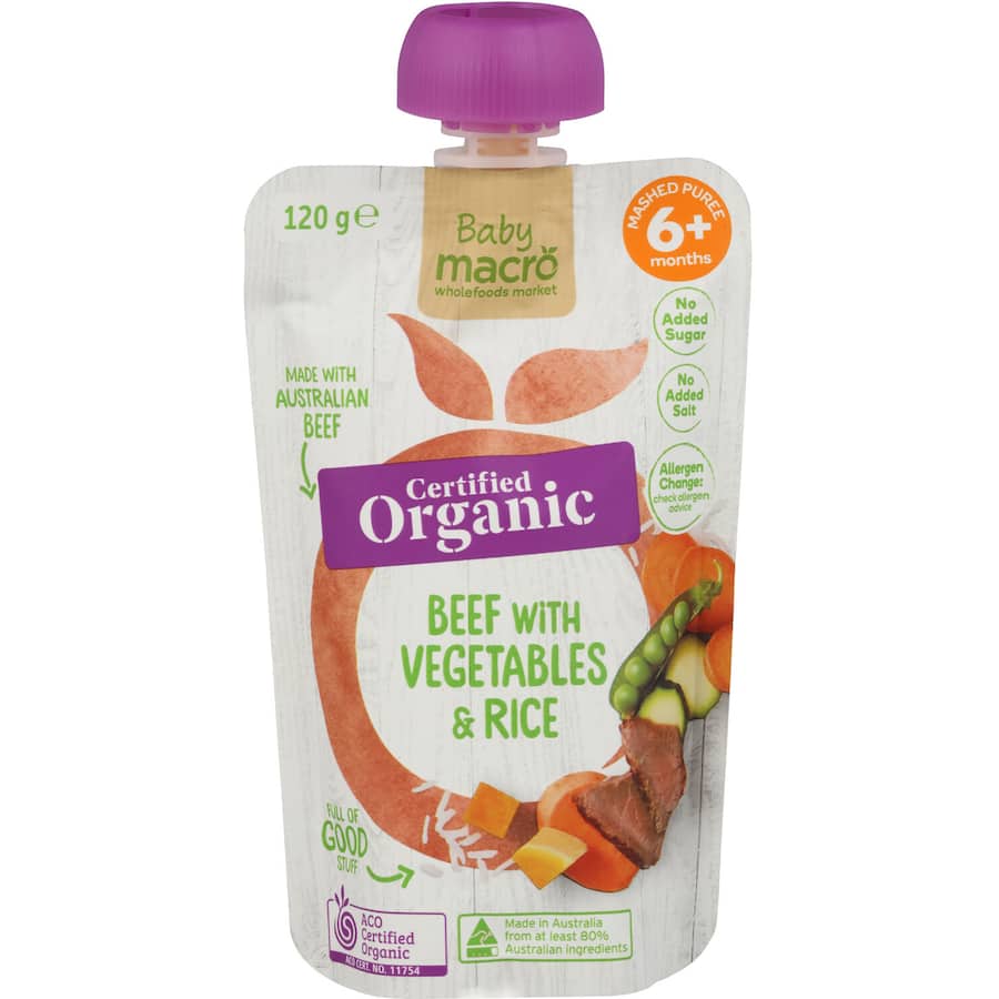 Macro Organic Baby Food 6+ Months Beef With Vegetables & Rice Pouch 120g